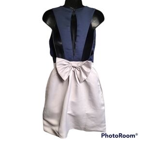 Haute Rogue Navy Blue And Grey Colorblock Backless Cocktail Dress With Pockets